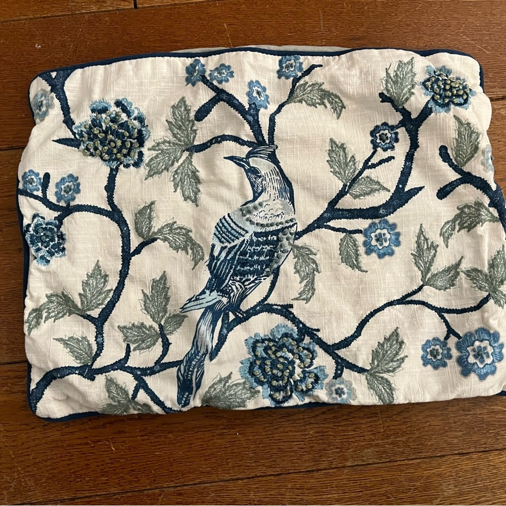 Blue Floral Bird Embroidered Throw Accent Pillow Cover